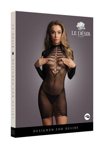 Le Desir Long Sleeve Fishnet Dress Black - Fishnet and Thigh Highs