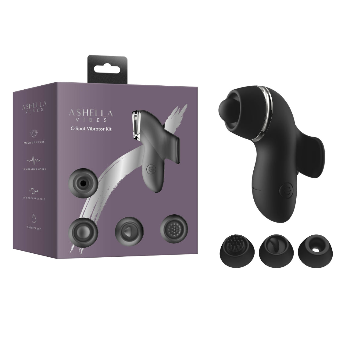 Ashella Vibes C-Spot Silicone Adult Vibrator Kit - Black - Clit Ticklers and Pulsators