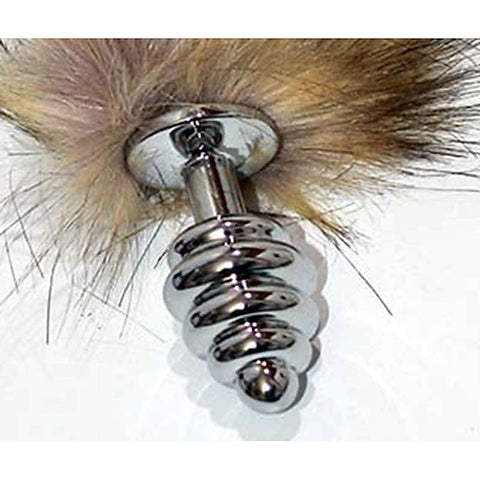 BDStyle Black & Blonde Faux Fox Tail Butt Plug Silver Ribbed Fox Tail - Steel Sex Toys