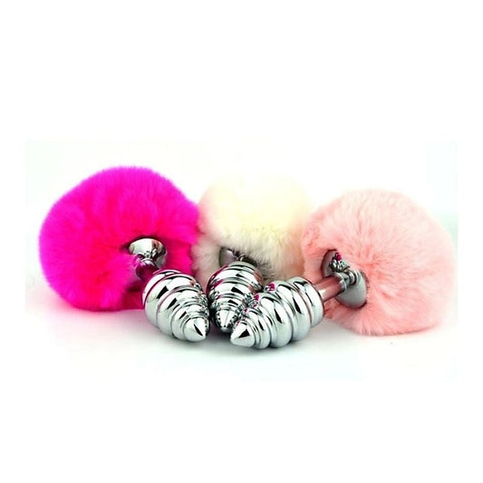 Bunny Tail Silver Ribbed Butt Plug - Realistic Dildos
