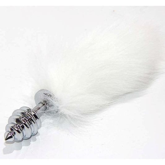 White Kitten Tail Silver Ribbed Butt Plug - Steel Sex Toys
