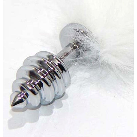 White Kitten Tail Silver Ribbed Butt Plug By Bdstyle - Steel Sex Toys