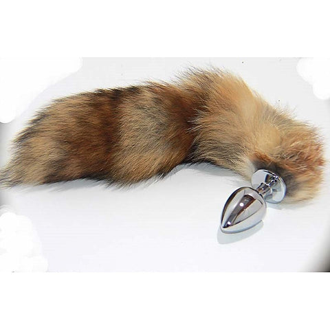 Long Brown And Blonde Fox Tail Silver Smooth Butt Plug - Steel Sex Toys