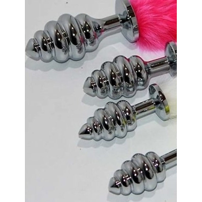 Faux Rabbit Tail Ribbed Butt Plug Silver Small - Steel Sex Toys