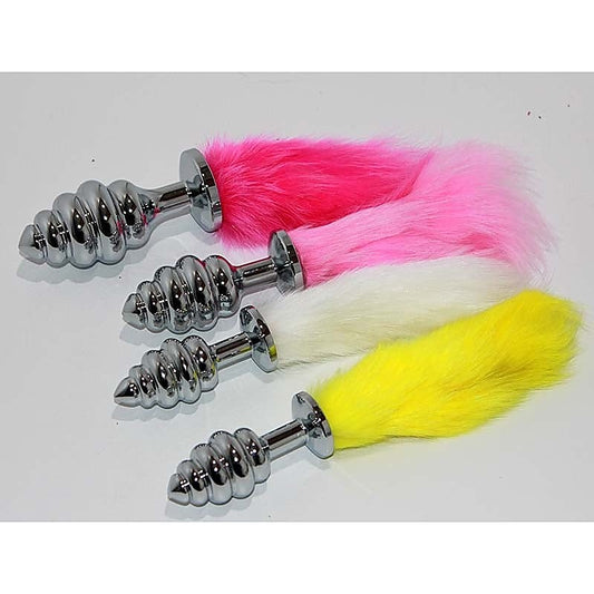 Faux Rabbit Tail Ribbed Butt Plug Silver Medium - Steel Sex Toys