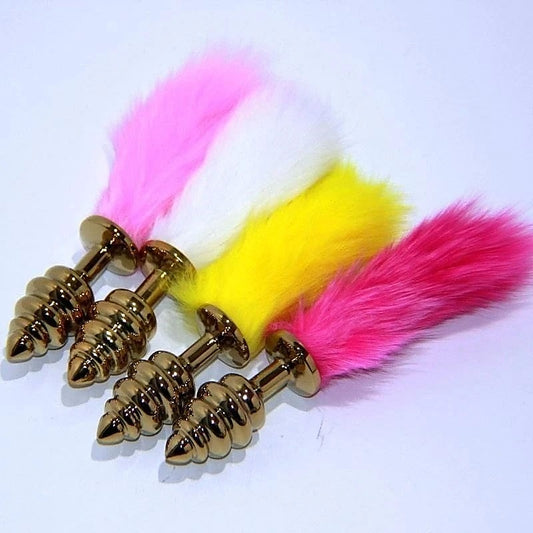 Neon Rabbit Tail Butt Plug Gold Small