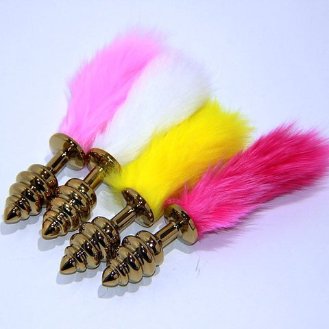 Rabbit Faux Tail Ribbed Butt Plug Gold Large By Bdstyle - G-Spot Vibrators