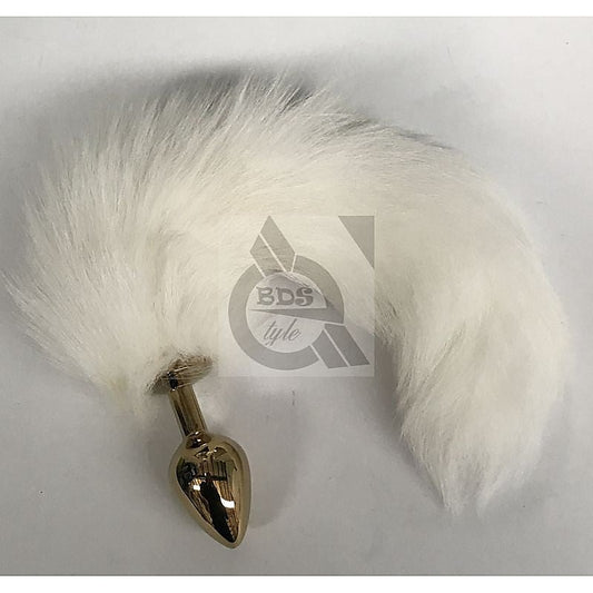 White Faux Fox Tail Steel Anal Plug Gold - Steel Sex Toys