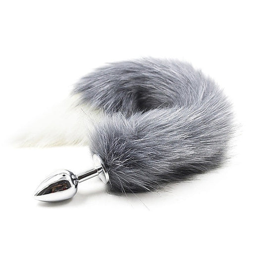 Black & White Faux Fox Tail & Gold Butt Plug - Steel Sex Toys