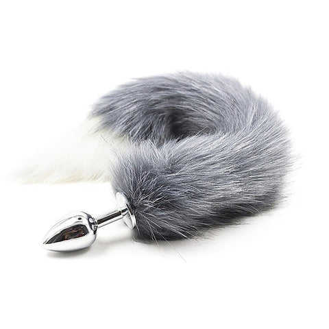 Gray & White Faux Fox Tail & Metal Butt Plug by BDStyle - Steel Sex Toys