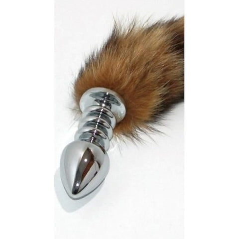 Brown Faux Fox Tail Ribbed Silver Butt Plug by BDStyle - Steel Sex Toys