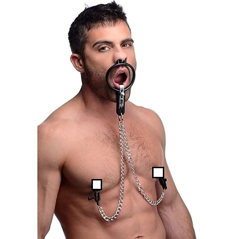 Degraded Mouth Spreader with Nipple Clamps by BDStyle - Nipple and Clit Clamps
