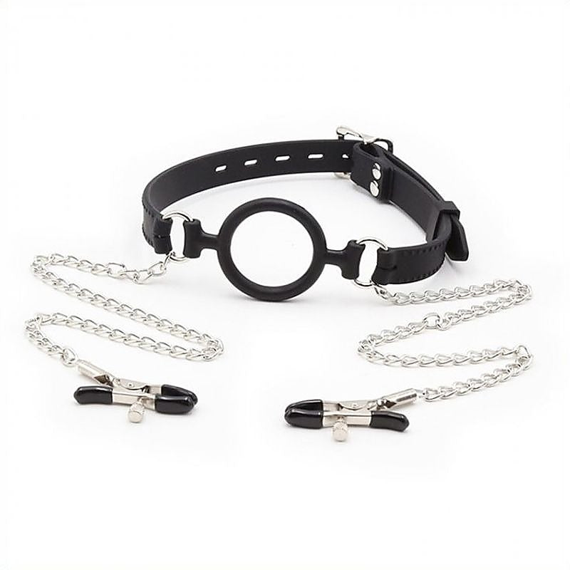 Silicone O Ring Gag With Nipple Clamp - Bondage Gags and Bits
