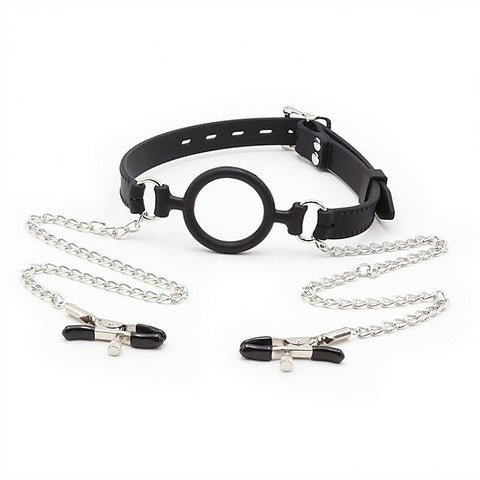 Silicone O Ring Gag With Nipple Clamp - Bondage Gags and Bits