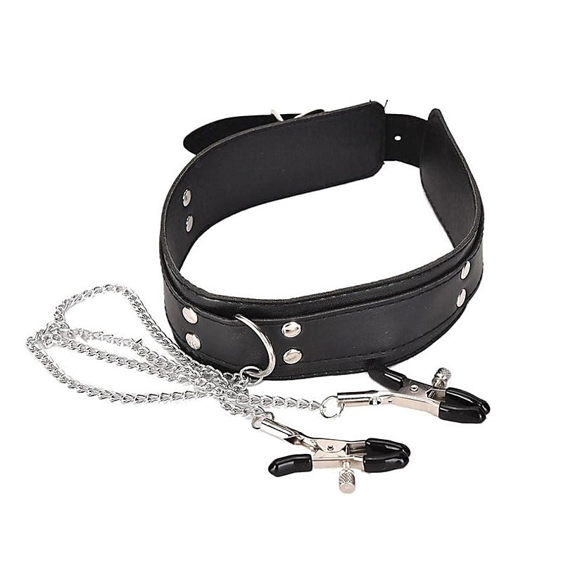 KinkCraft Slave Collar Leather and Nipple Clamps - Collars and Leads