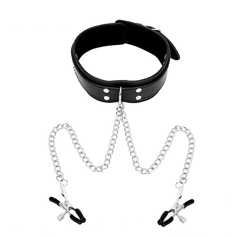 Bondage Collar Black with Nipple Clamps by BDStyle - Collars and Leads