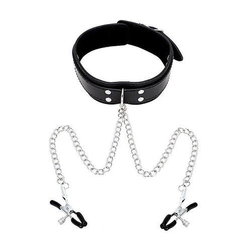 Bondage Collar Black with Nipple Clamps by BDStyle - Collars and Leads