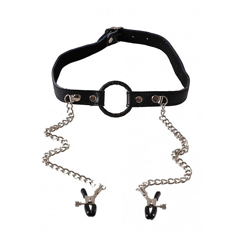 O-Ring Gag with Nipple Clamps Heavy by BDStyle - Bondage Gags and Bits