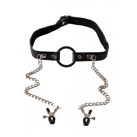 O-Ring Gag with Nipple Clamps Light - Bondage Gags and Bits