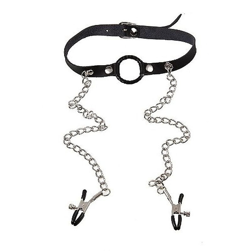 O-Ring Gag with Nipple Clamps Heavy by BDStyle - Bondage Gags and Bits