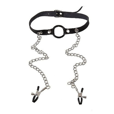 O-Ring Gag with Nipple Clamps Heavy by BDStyle - Bondage Gags and Bits
