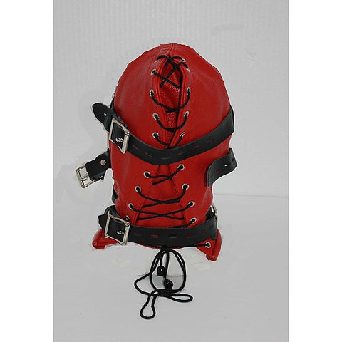 Hell Fire Slave Hood & Blindfold Faux Leather Red & Black - Bondage Hoods