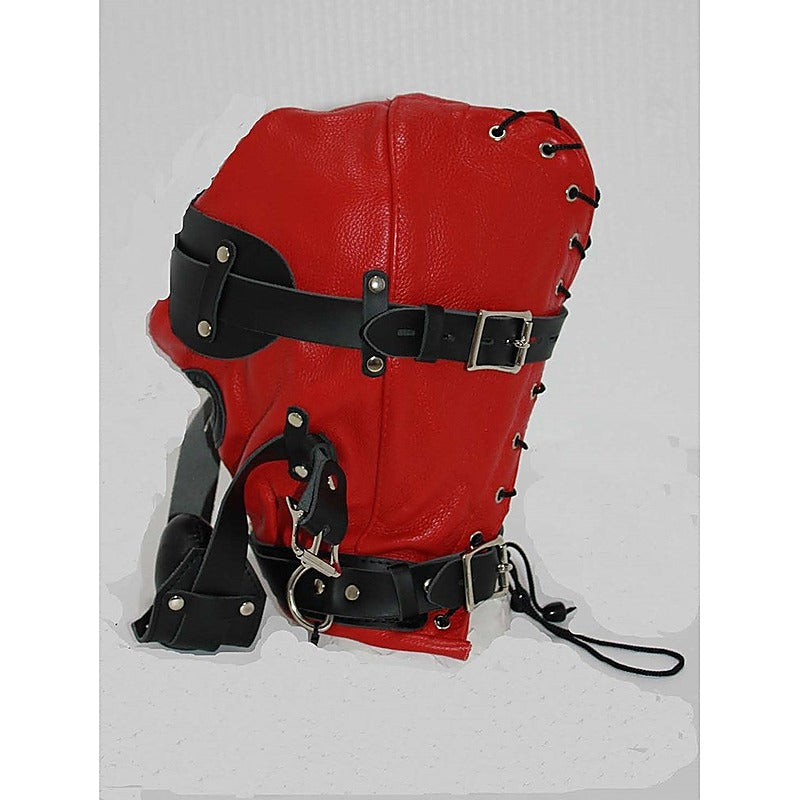 Hell Fire Slave Hood & Blindfold Faux Leather Red & Black - Bondage Hoods