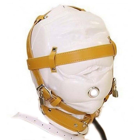 Obey Sir Sensory Deprivation Hood White Leather - Bondage Hoods
