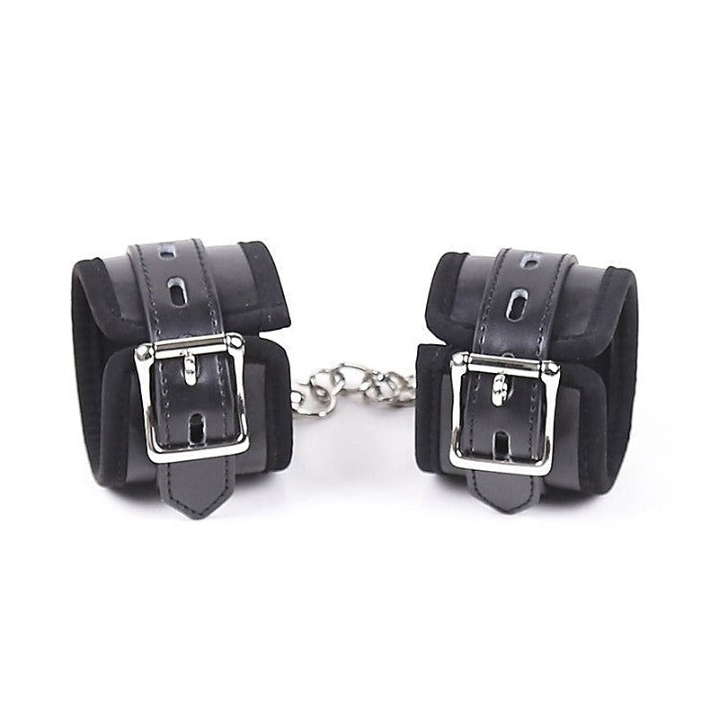 Buckler Faux Leather Cuffs With Chain - Cuffs and Restraints