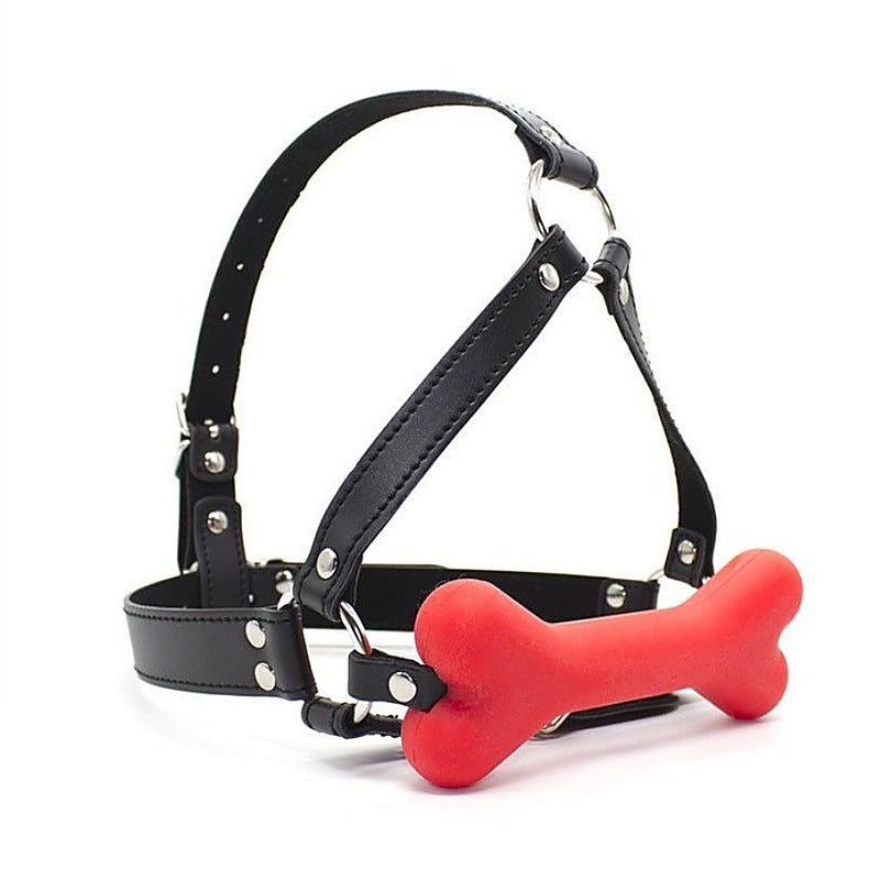 Canine Silicone Bone Gag with Head Harness - Bondage Gags and Bits