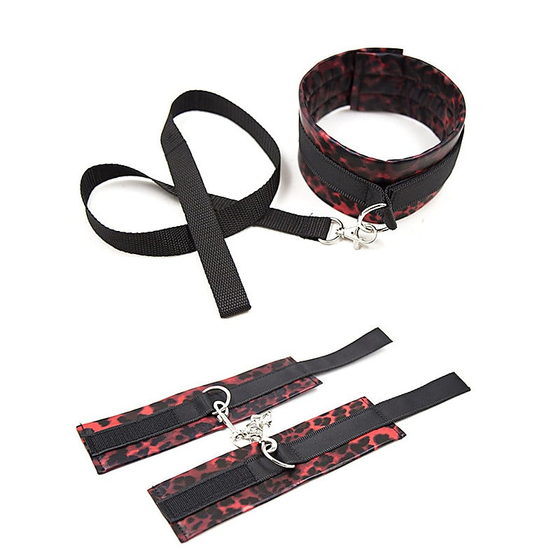Red Leopard Cuffs and Collar with Leash - Collars and Leads