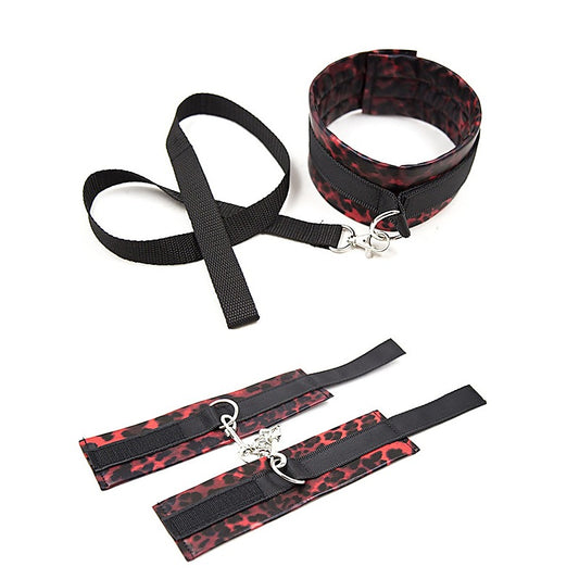 Red Leopard Cuffs and Collar with Leash