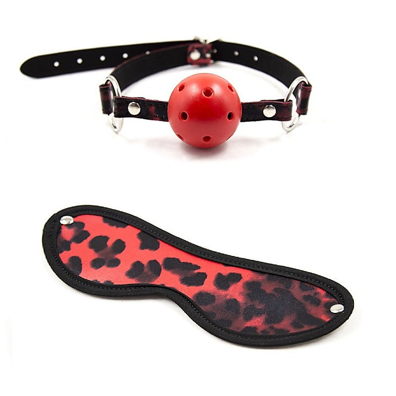 Red Leopard Ball Gag & Eye Mask By Bdstyle - Bondage Gags and Bits