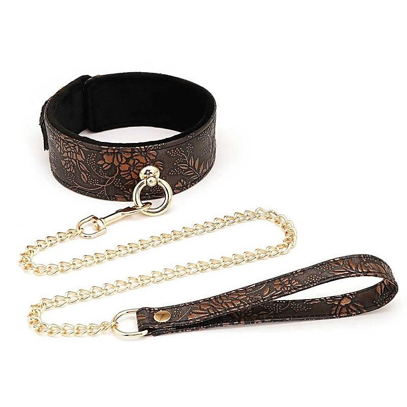 Brown Floral Print Pu Collar And Leash By Spartacus - Collars and Leads