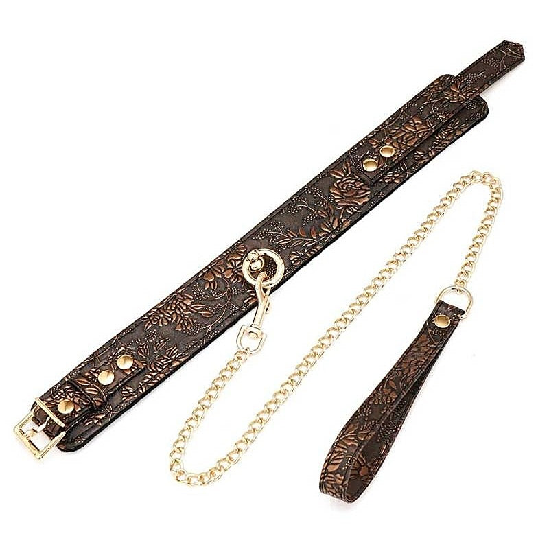 Brown Floral Print Pu Collar And Leash By Spartacus - Collars and Leads