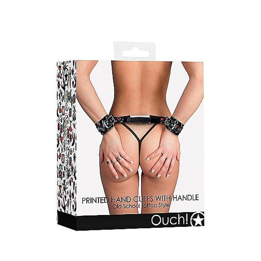 OUCH! Printed Handcuffs with Handle - Old School - Cuffs and Restraints