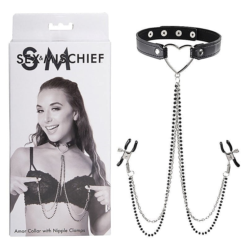 Sex and Mischief Amor Collar with Nipple Clamps - Collars and Leads