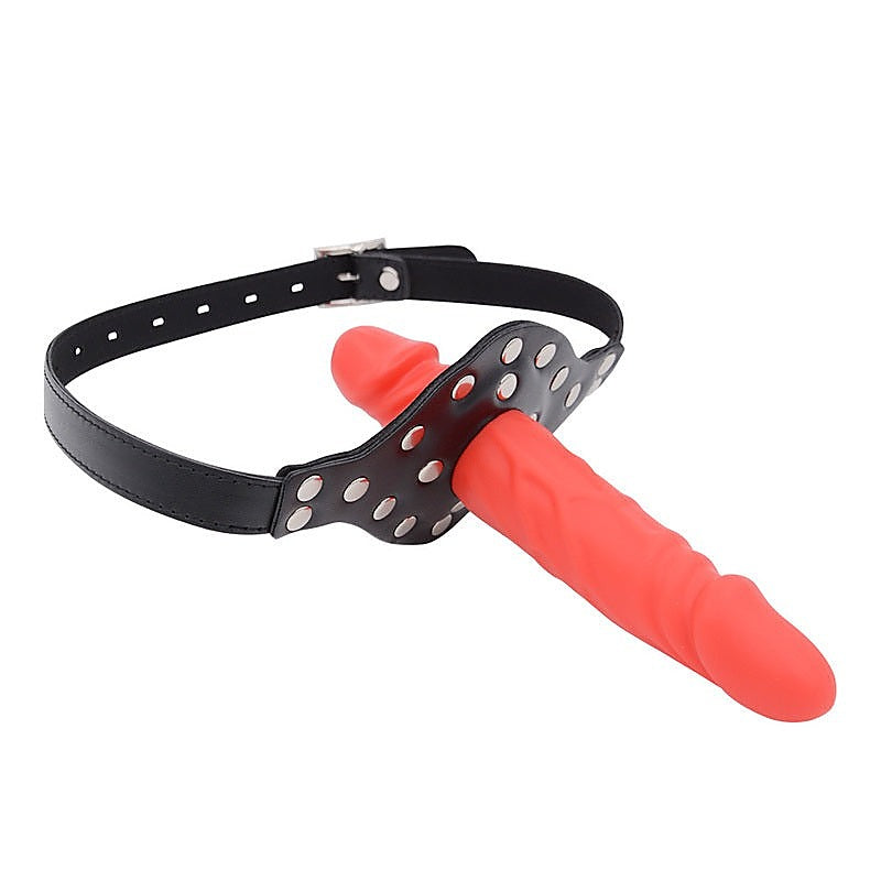 Double-Cock Dildo Penis Mouth Gag - Red/Pink - Bondage Gags and Bits