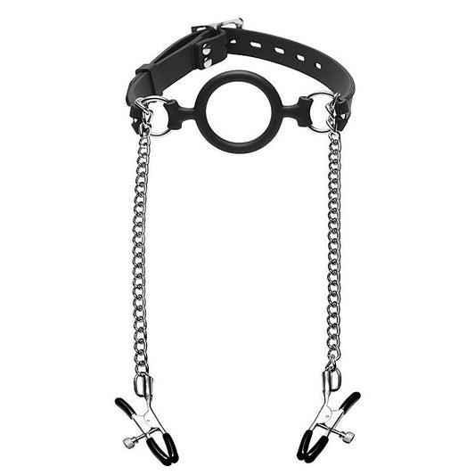 Mutiny Silicone O-Ring Gag With Nipple Clamps - Nipple and Clit Clamps
