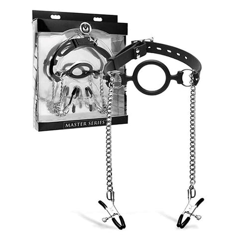 Mutiny Silicone O-Ring Gag With Nipple Clamps - Nipple and Clit Clamps