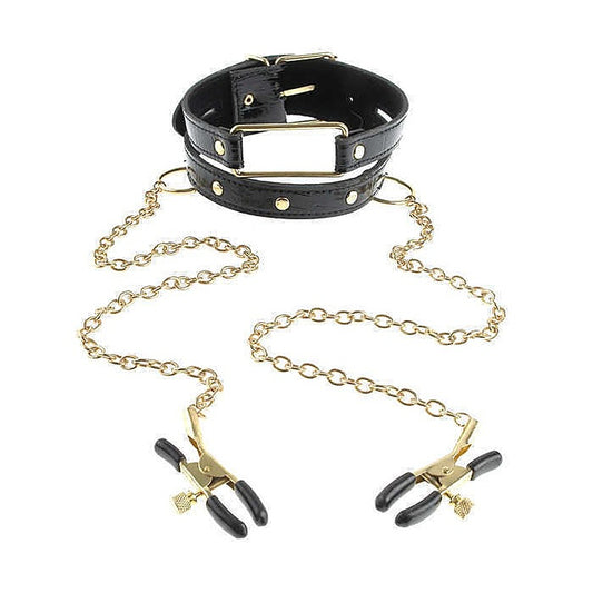 Fetish Fantasy Gold Collar and Nipple Clamps Black - Nipple and Clit Clamps