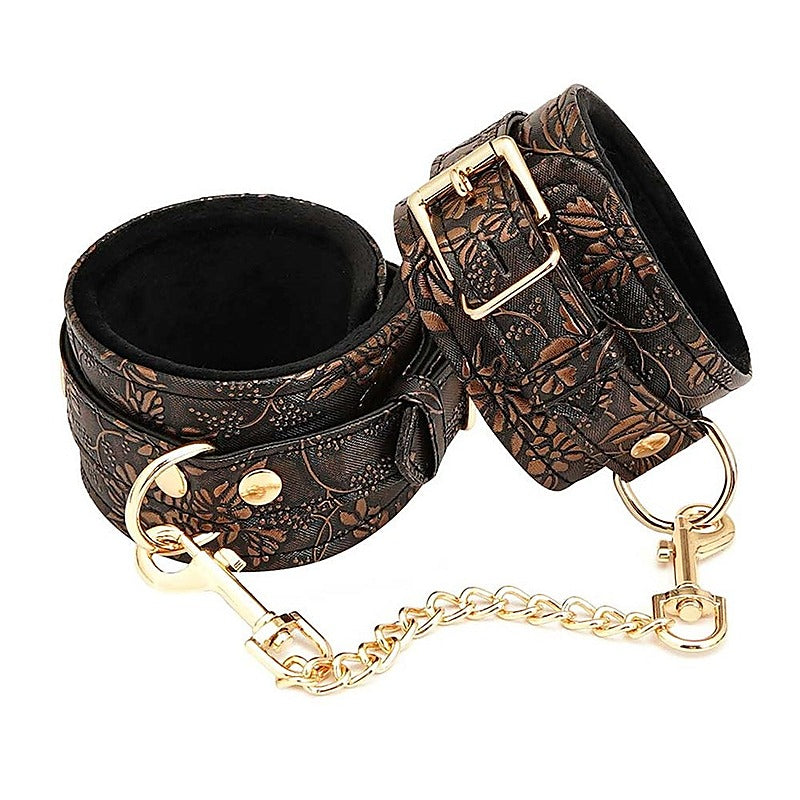 Spartacus Brown Floral Print PU Wrist Cuffs - Cuffs and Restraints