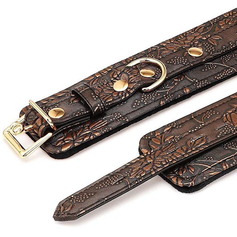 Spartacus Brown Floral Print PU Wrist Cuffs - Cuffs and Restraints