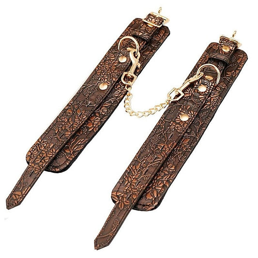 Spartacus Brown Floral Print PU Ankle Cuffs - Cuffs and Restraints