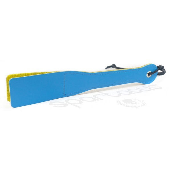 Latigo Leather Blue & Yellow Slapper with Holes 12 inch - - Paddles And Slappers