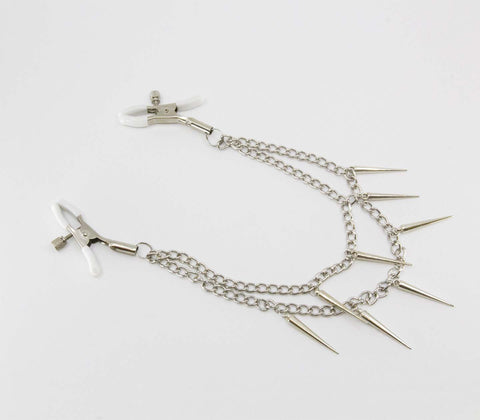 Love In Leather Spiked Chain Womens Nipple Clamps - Nipple and Clit Clamps