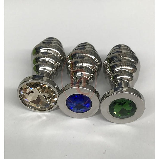 Ribbed Jewelled Medium Butt Plug Emerald - Steel Sex Toys