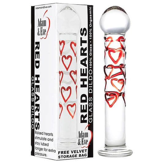 Adam & Eve Red Hearts Glass Dildo - Glass Sex Toys