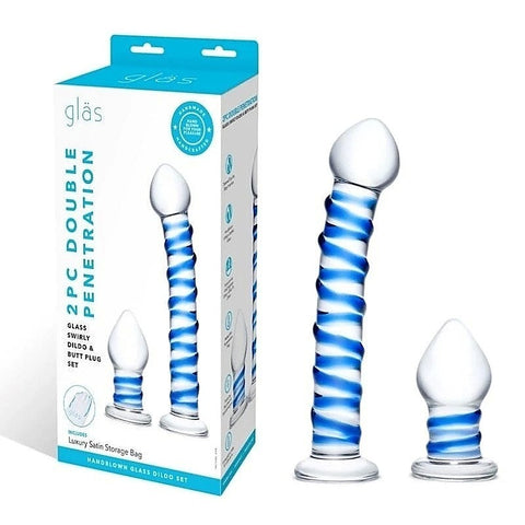 Double Penetration Glass Swirley Dildo And Butt Plug Set - Anal Dildos