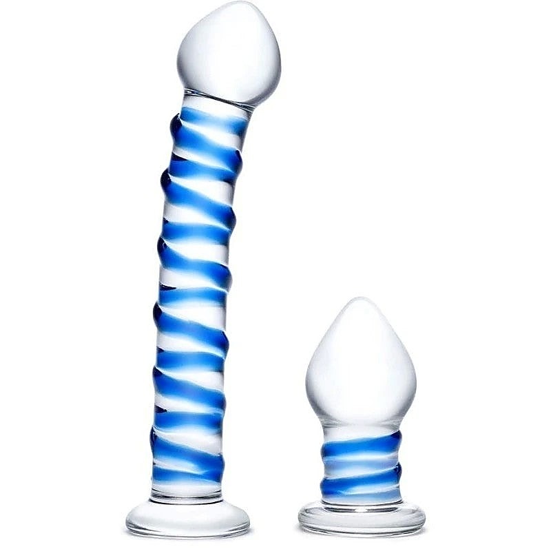 Double Penetration Glass Swirley Dildo And Butt Plug Set - Anal Dildos